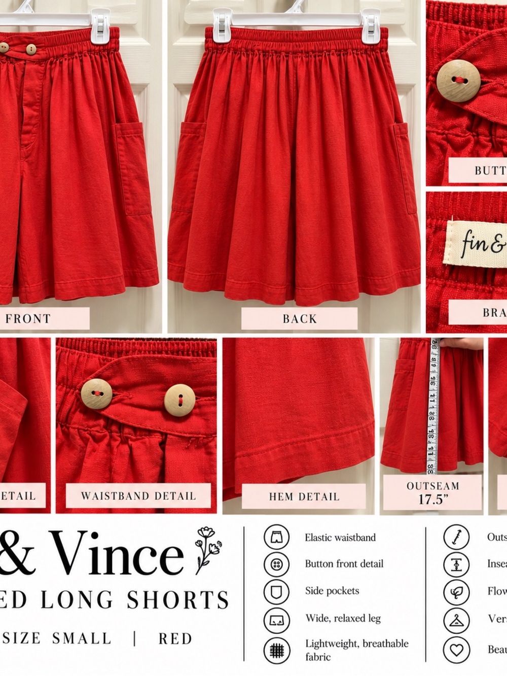 Fin & Vince Red Relaxed Long Shorts – Size Small
